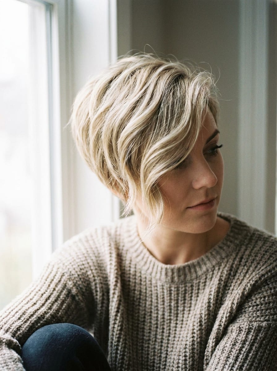 Blonder Pixie mit Seitenscheitel - Blonde Kurzhaarfrisur